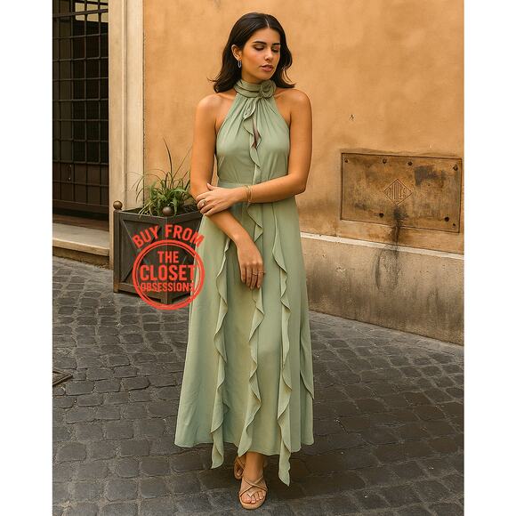 💚 ZARA Halter Neck Midi Dress NWT | Sea Green Ruffle Floral Detail M/L - Picture 4 of 16